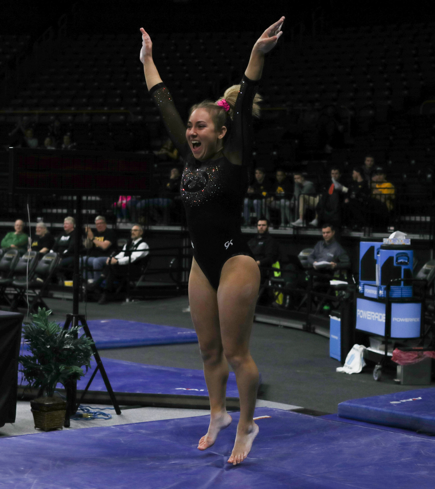 Iowa’s Alex Greenwald competes on the vault against Michigan Friday, February 14, 2020 at Carver-Hawkeye Arena. (Brian Ray/hawkeyesports.com)