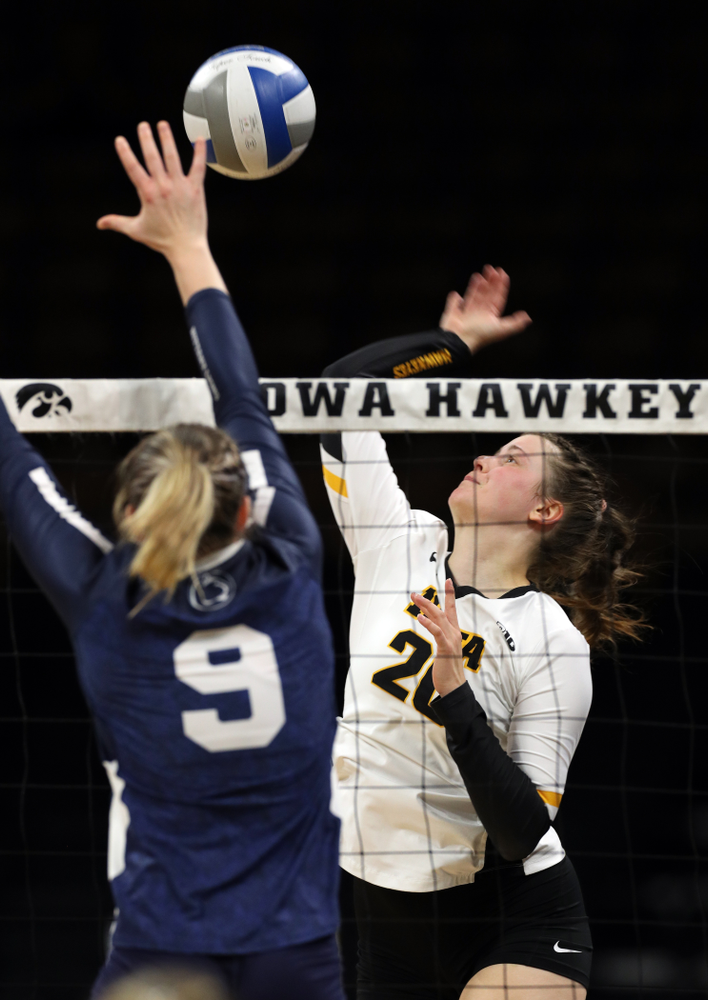 Iowa Hawkeyes outside hitter Edina Schmidt (20) against Penn State Friday, November 1, 2019 at Carver Hawkeye Arena. (Brian Ray/hawkeyesports.com)
