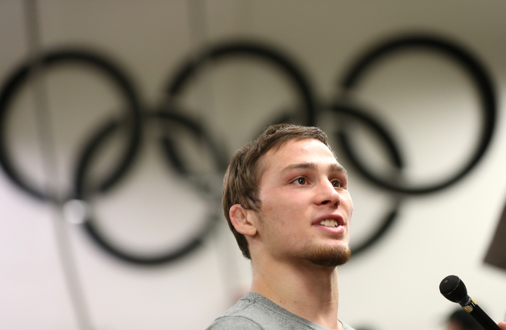Iowa Hawkeyes 125 pound national champion Spencer Lee during the team's annual media day Monday, November 5, 2018 at Carver-Hawkeye Arena. (Brian Ray/hawkeyesports.com)