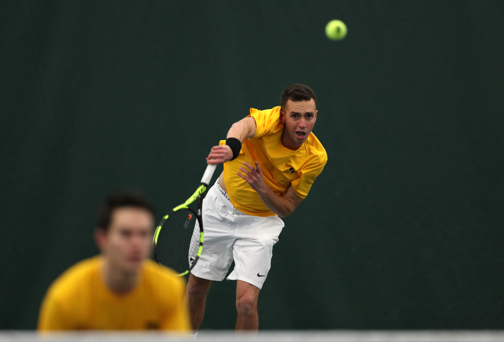 Jonas Larsen and Kareem Allaf against Utah Sunday, February 10, 2019 at the Hawkeye Tennis and Recreation Complex. (Brian Ray/hawkeyesports.com)
