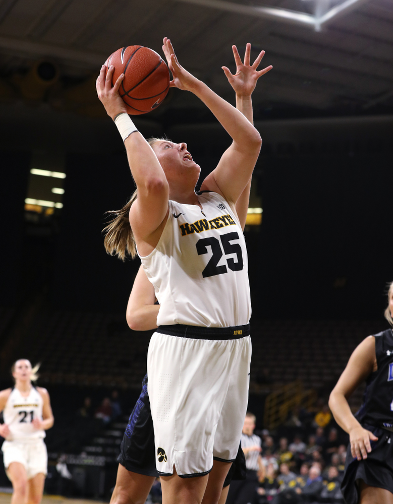 Iowa Hawkeyes forward/center Monika Czinano (25) against Dakota Wesleyan University Tuesday, November 6, 2018 at Carver-Hawkeye Arena. (Brian Ray/hawkeyesports.com)