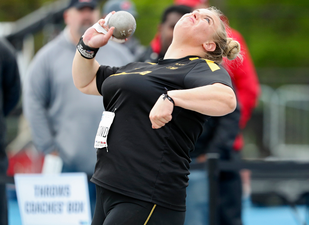 Iowa's Erika Hammond throws in the women’s shot put event on the second day of the Big Ten Outdoor Track and Field Championships at Francis X. Cretzmeyer Track in Iowa City on Saturday, May. 11, 2019. (Stephen Mally/hawkeyesports.com)