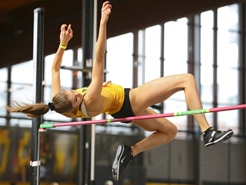 Iowa’s Maria Gorham competes in the women’s high jump event during the Jimmy Grant Invitational at the Recreation Building in Iowa City on Saturday, December 14, 2019. (Stephen Mally/hawkeyesports.com)