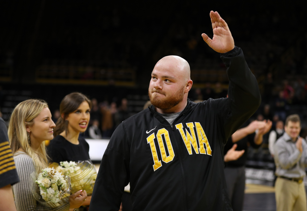 Iowa senior Sam Stoll during senior night following their meet against the Indiana Hoosiers Friday, February 15, 2019 at Carver-Hawkeye Arena. (Brian Ray/hawkeyesports.com)