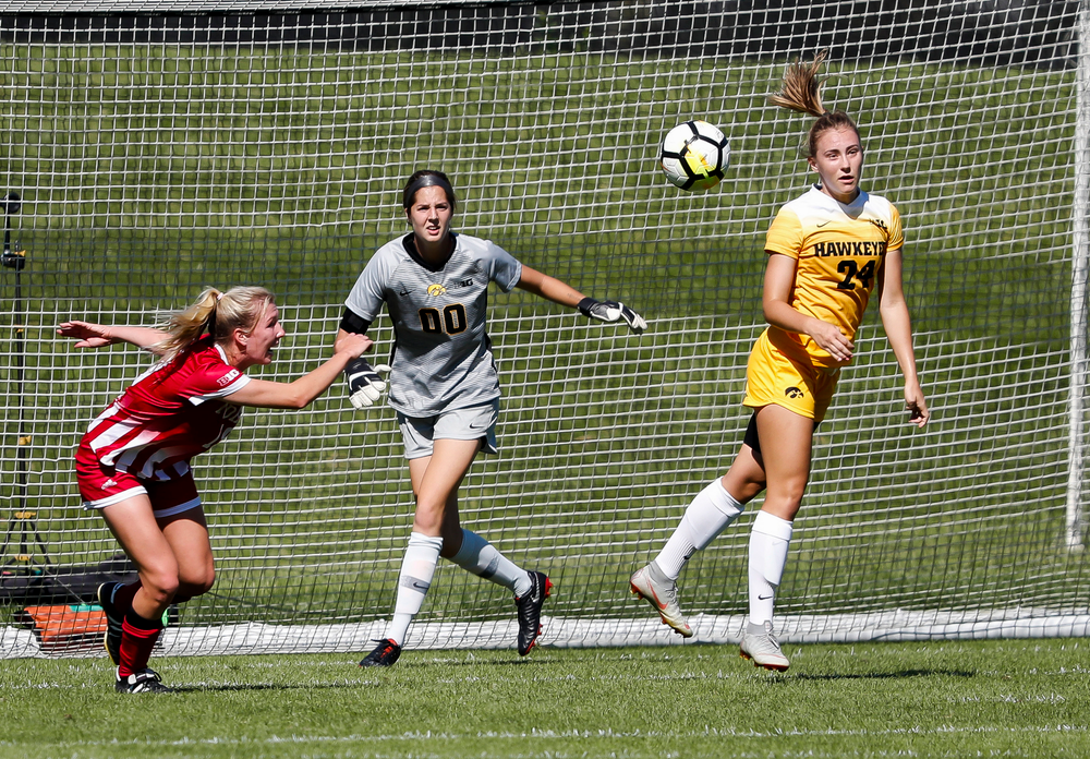 Iowa Hawkeyes defender Sara Wheaton (24) heads the ball away from the goal during a game against Indiana at the Iowa Soccer Complex on September 23, 2018. (Tork Mason/hawkeyesports.com)