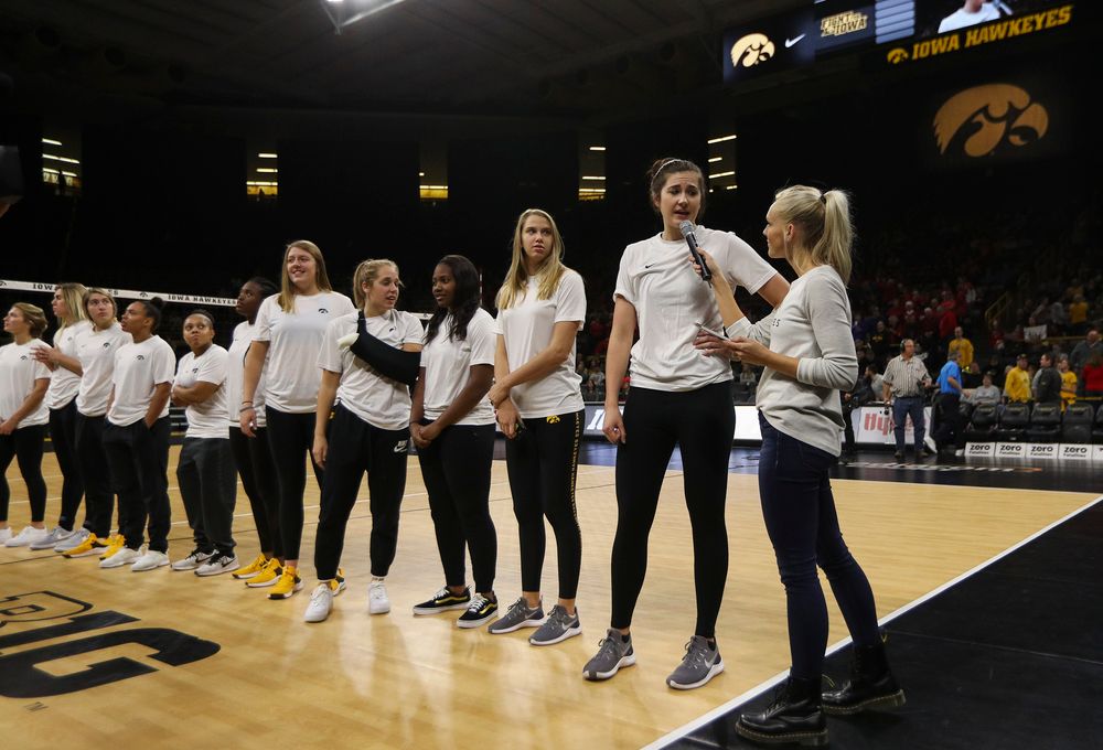 Iowa Hawkeyes women's basketball forward Megan Gustafson is interviewed during intermission during a match against Nebraska at Carver-Hawkeye Arena on November 7, 2018. (Tork Mason/hawkeyesports.com)