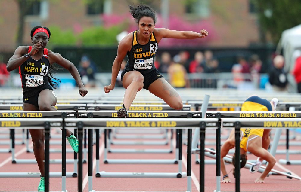 Iowa's Tria Simmons runs the women’s 100 meter hurdles event on the second day of the Big Ten Outdoor Track and Field Championships at Francis X. Cretzmeyer Track in Iowa City on Saturday, May. 11, 2019. (Stephen Mally/hawkeyesports.com)