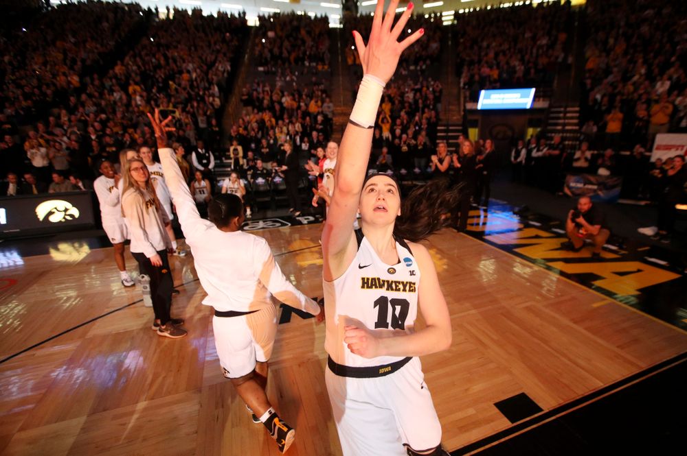 Iowa Hawkeyes forward Megan Gustafson (10) is introduced before their second round game in the 2019 NCAA Women's Basketball Tournament at Carver Hawkeye Arena in Iowa City on Sunday, Mar. 24, 2019. (Stephen Mally for hawkeyesports.com)