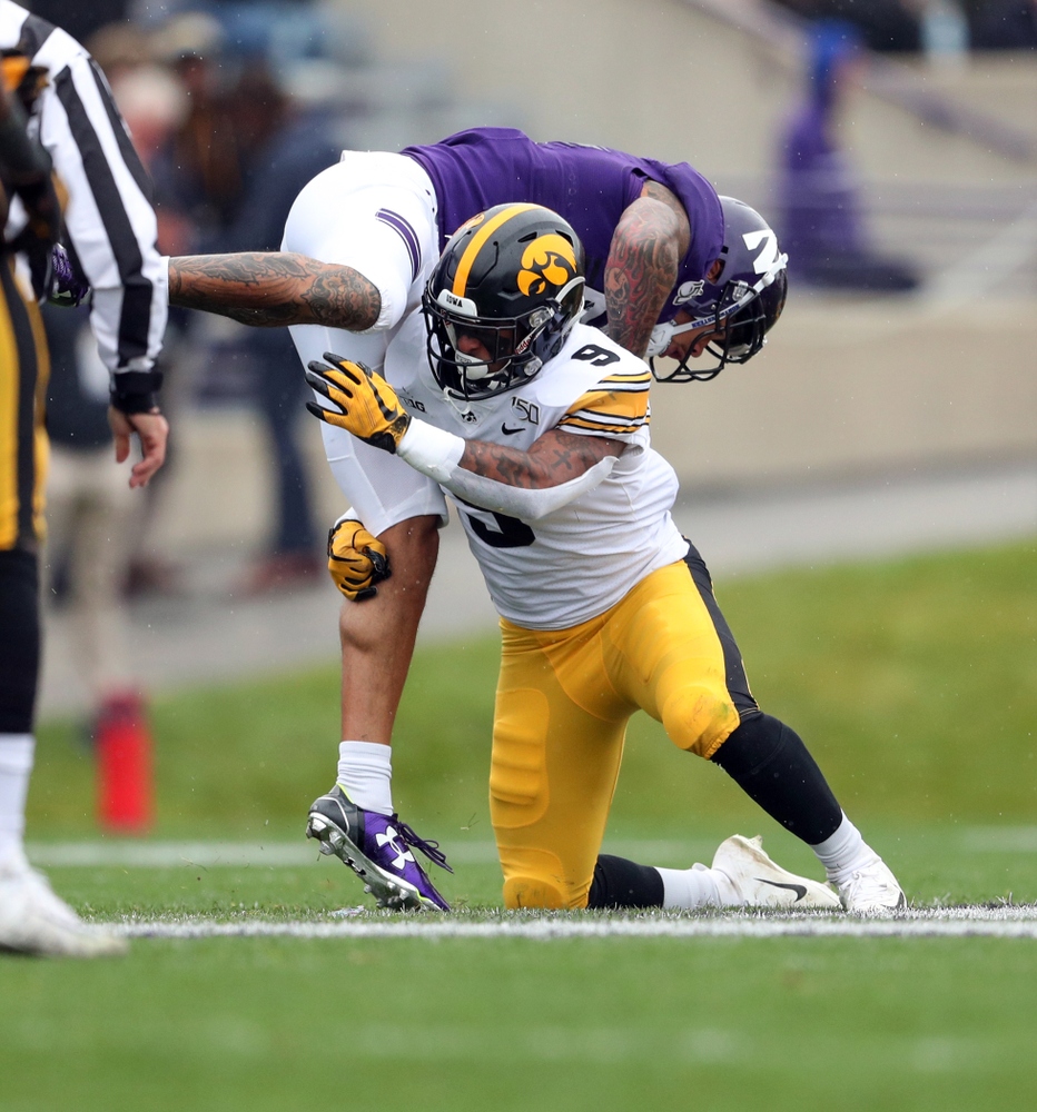 Iowa Hawkeyes defensive back Geno Stone (9) against the Northwestern Wildcats Saturday, October 26, 2019 at Ryan Field in Evanston, Ill. (Brian Ray/hawkeyesports.com)