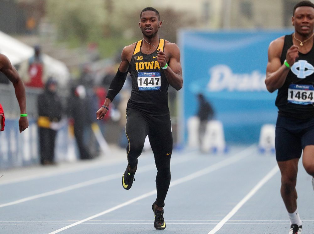 Iowa's Antonio Woodard
runs the men's 100 meter dash event during the third day of the Drake Relays at Drake Stadium in Des Moines on Saturday, Apr. 27, 2019. (Stephen Mally/hawkeyesports.com)