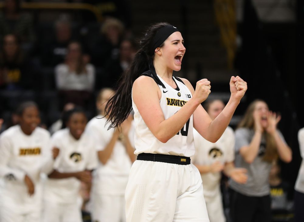 Iowa Hawkeyes forward Megan Gustafson (10) celebrates following a play against the Nebraska Cornhuskers Thursday, January 3, 2019 at Carver-Hawkeye Arena. (Brian Ray/hawkeyesports.com)