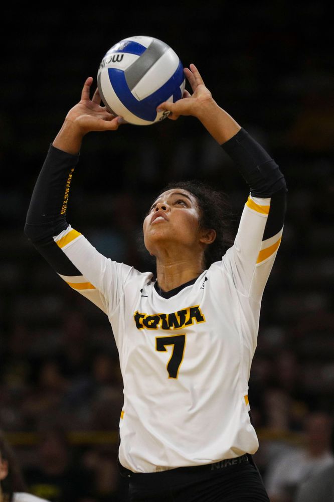 Iowa Hawkeyes setter Brie Orr (7) against Coastal Carolina Friday, September 20, 2019 at Carver-Hawkeye Arena. (Lily Smith/hawkeyesports.com)