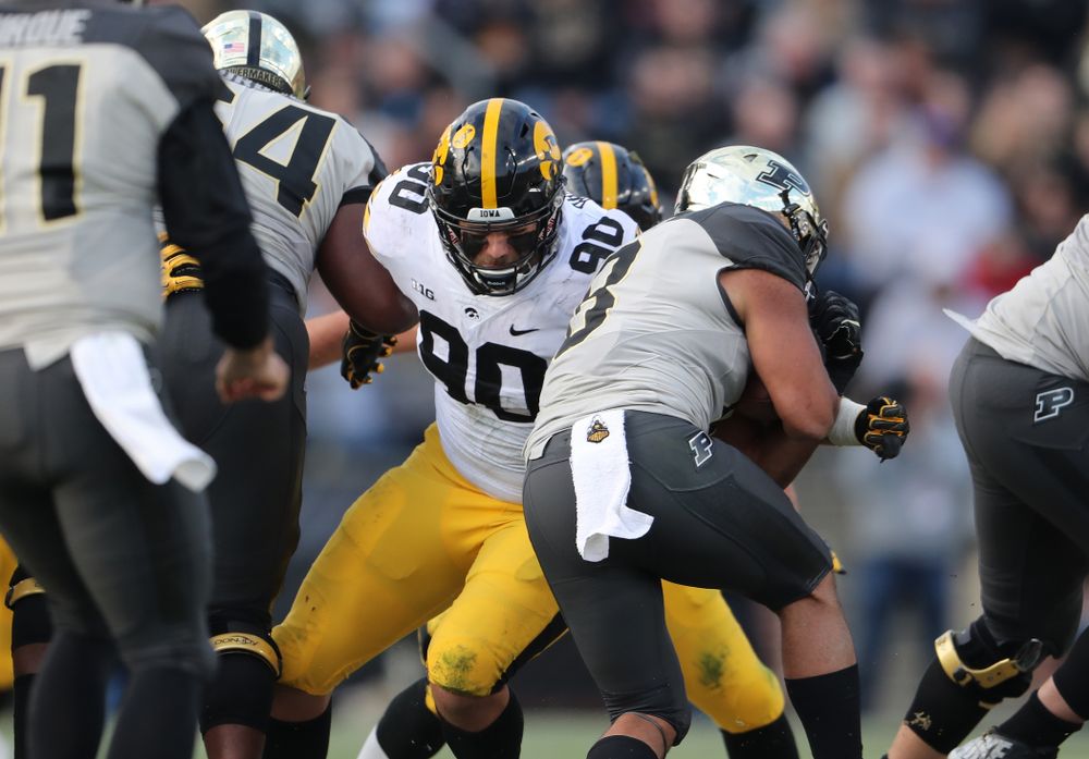 Iowa Hawkeyes defensive end Sam Brincks (90) against the Purdue Boilermakers Saturday, November 3, 2018 Ross Ade Stadium in West Lafayette, Ind. (Brian Ray/hawkeyesports.com)