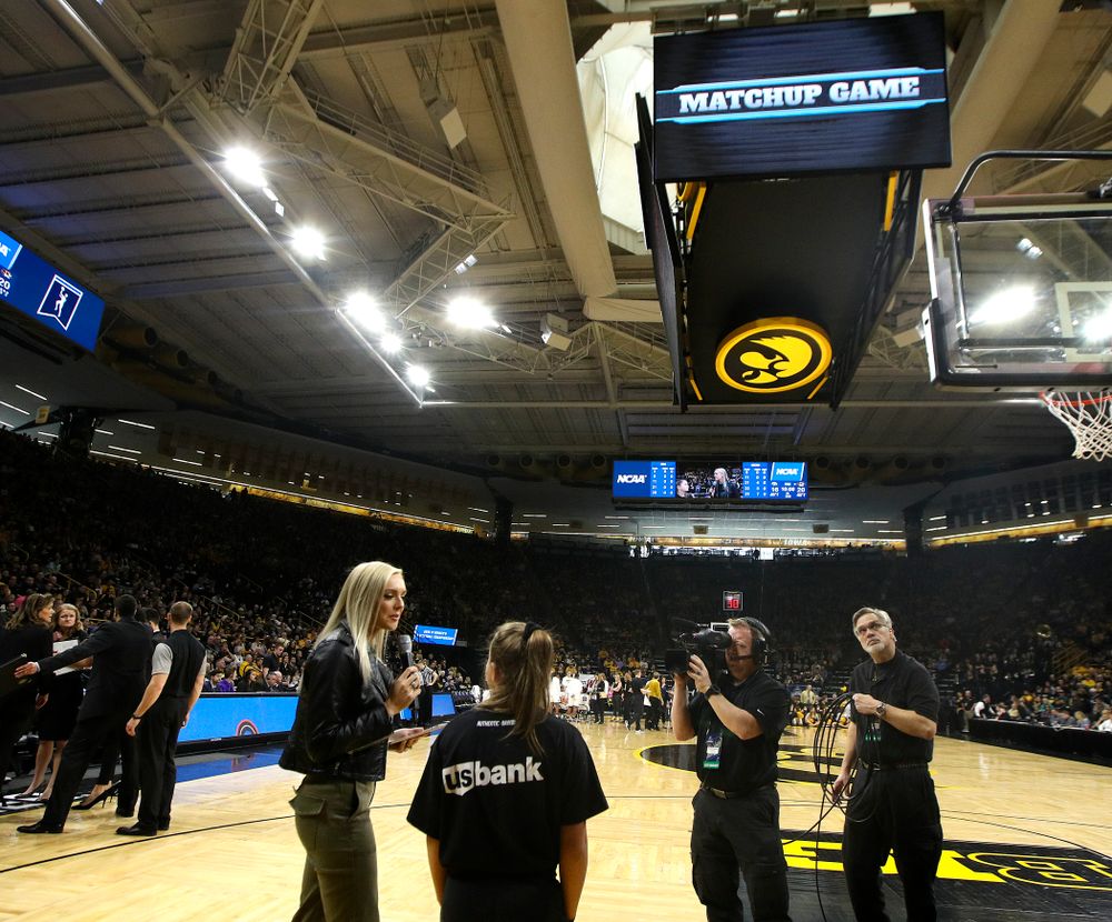 The matchup game on the video board between the first and second quarter of their second round game in the 2019 NCAA Women's Basketball Tournament at Carver Hawkeye Arena in Iowa City on Sunday, Mar. 24, 2019. (Stephen Mally for hawkeyesports.com)