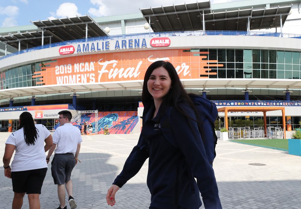 Iowa Hawkeyes forward Megan Gustafson (10) walks to Amalie Arena Thursday, April 4, 2019 in Tampa, FL. (Brian Ray/hawkeyesports.com)