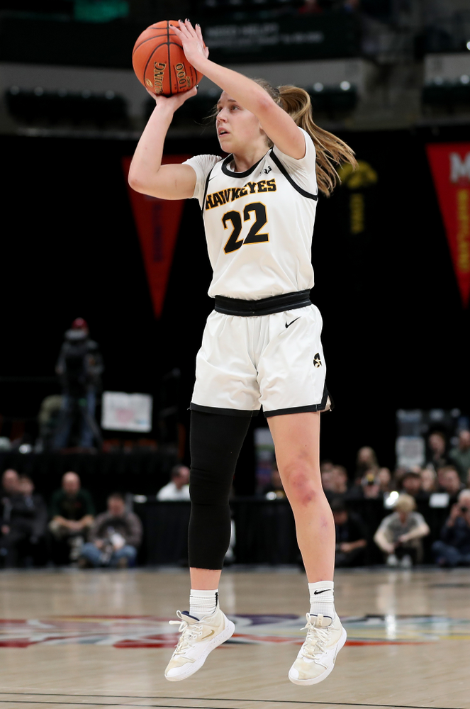 Iowa Hawkeyes guard Kathleen Doyle (22) against Ohio State in the quarterfinals of the Big Ten Basketball Tournament Friday, March 6, 2020 at Bankers Life Fieldhouse in Indianapolis. (Brian Ray/hawkeyesports.com)