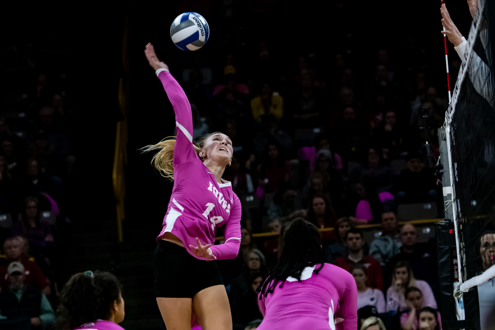 Iowa Hawkeyes outside hitter Cali Hoye (14) against the Wisconsin Badgers Saturday, October 6, 2018 at Carver-Hawkeye Arena. (Clem Messerli/Iowa Sports Pictures)