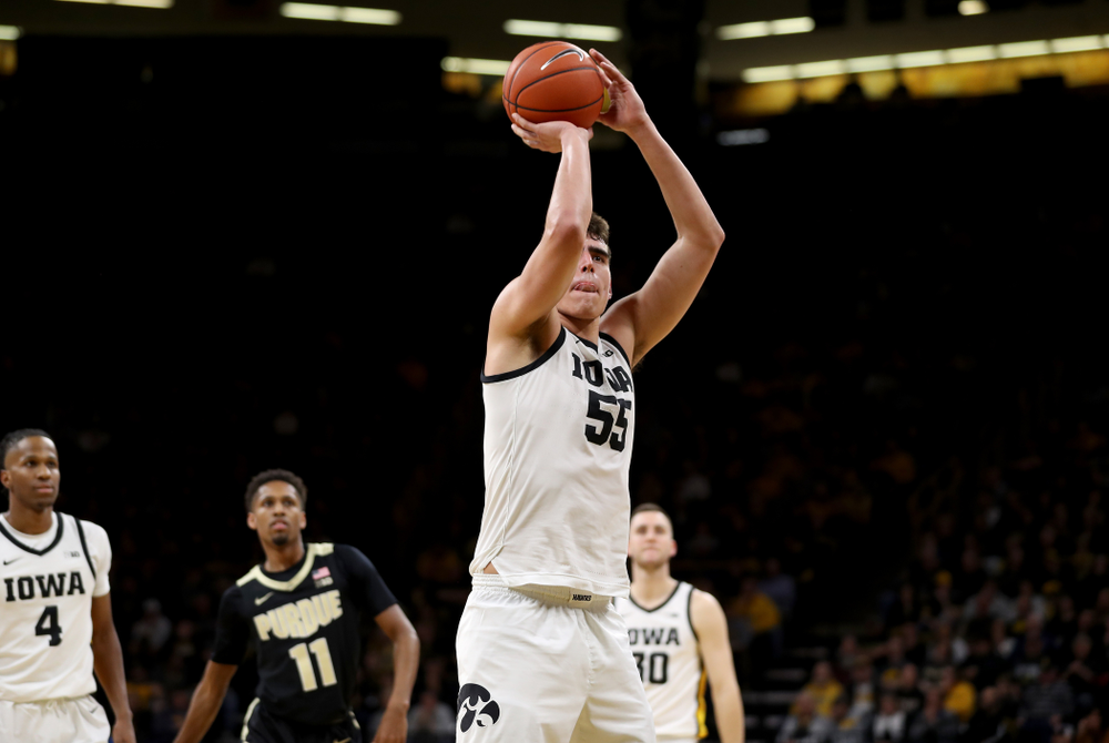 Iowa Hawkeyes forward Luka Garza (55) against the Purdue Boilermakers Tuesday, March 3, 2020 at Carver-Hawkeye Arena. (Brian Ray/hawkeyesports.com)