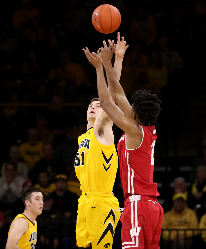 Iowa Hawkeyes forward Nicholas Baer (51) against the Wisconsin Badgers Friday, November 30, 2018 at Carver-Hawkeye Arena. (Brian Ray/hawkeyesports.com)