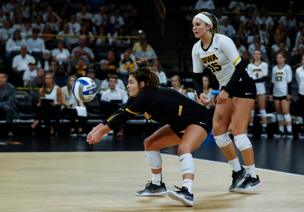 Iowa Hawkeyes defensive specialist Molly Kelly (1) against the Michigan State Spartans Friday, September 21, 2018 at Carver-Hawkeye Arena. (Brian Ray/hawkeyesports.com)