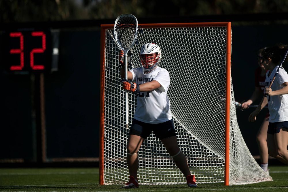 STANFORD, California - FEBRUARY 14: Virginia Cavaliers goalkeeper Charlie Campbell (27) stands in goal during the first half against the Stanford Cardinal at Cagan Stadium on February 14, 2020 in Stanford, California. The Virginia Cavaliers defeated the Stanford Cardinal 12-11. (Photo by Jason O. Watson)