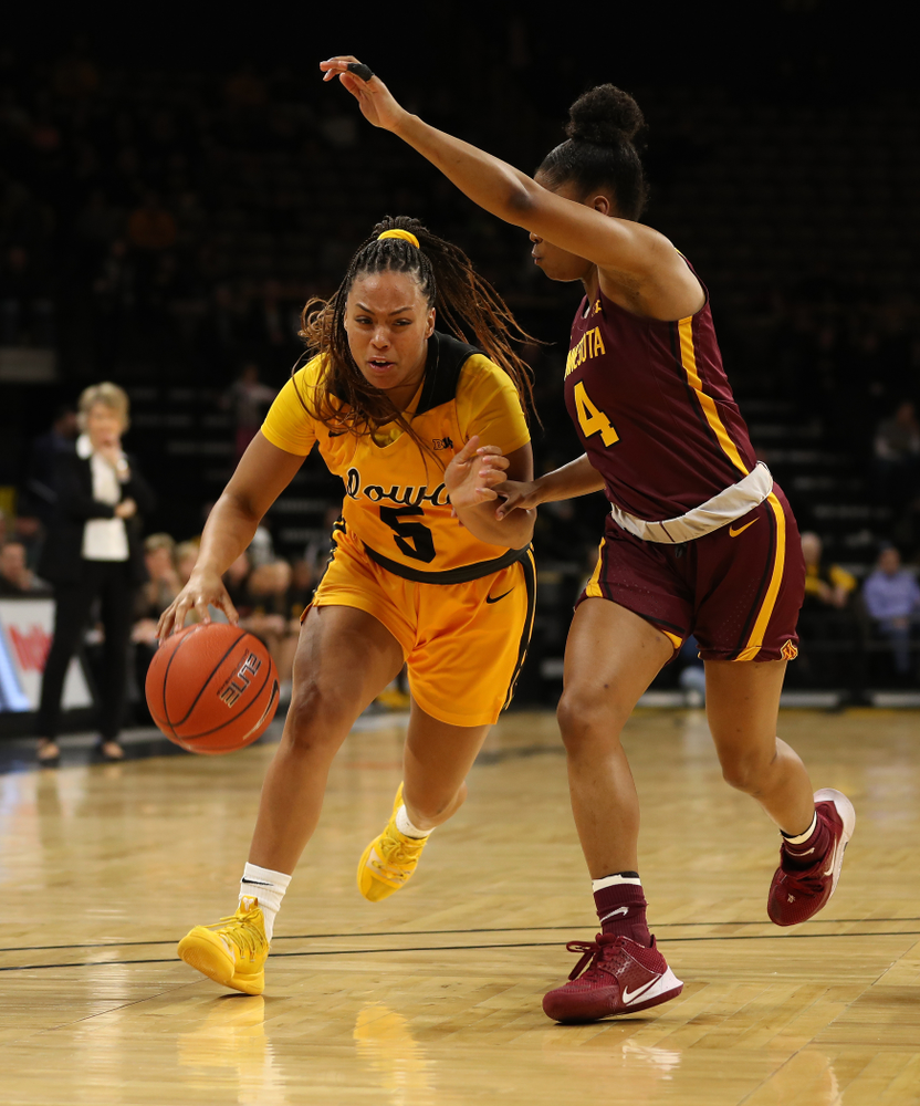 Iowa Hawkeyes guard Alexis Sevillian (5) against the Minnesota Golden Gophers Thursday, February 27, 2020 at Carver-Hawkeye Arena. (Brian Ray/hawkeyesports.com)