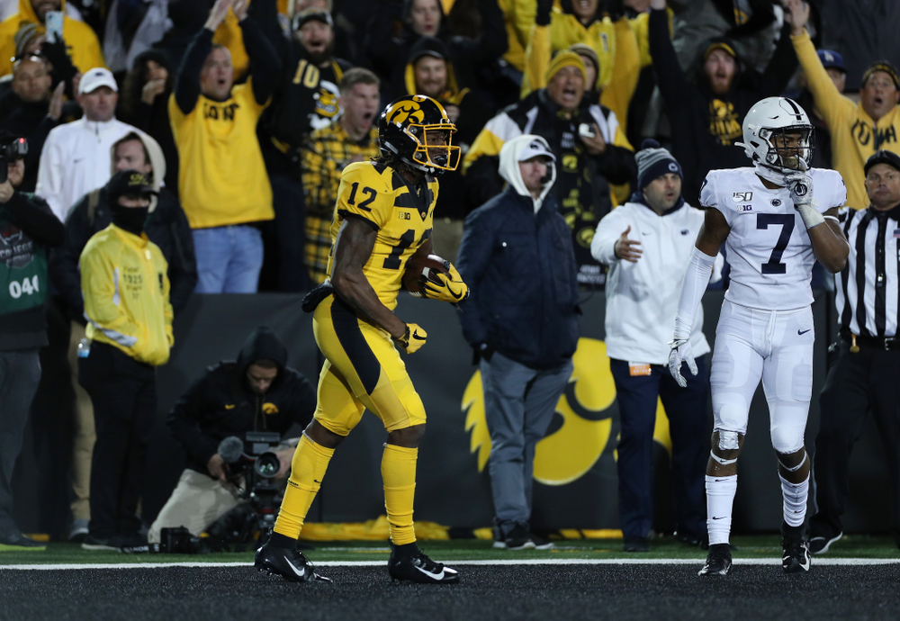 Iowa Hawkeyes wide receiver Brandon Smith (12) catches a touchdown pass against the Penn State Nittany Lions Saturday, October 12, 2019 at Kinnick Stadium. (Brian Ray/hawkeyesports.com)