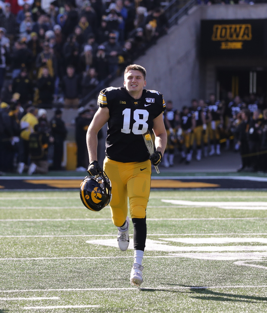 Iowa Hawkeyes tight end Drew Cook (18) during Senior Day festivities before their game against the Illinois Fighting Illini Saturday, November 23, 2019 at Kinnick Stadium. (Brian Ray/hawkeyesports.com)