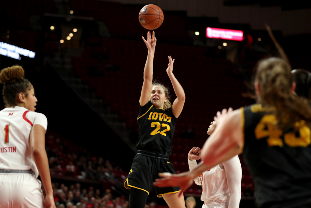 Iowa Hawkeyes guard Kathleen Doyle (22) against the Maryland Terrapins Thursday, February 13, 2020 at the Xfinity Center in College Park, MD. (Brian Ray/hawkeyesports.com)