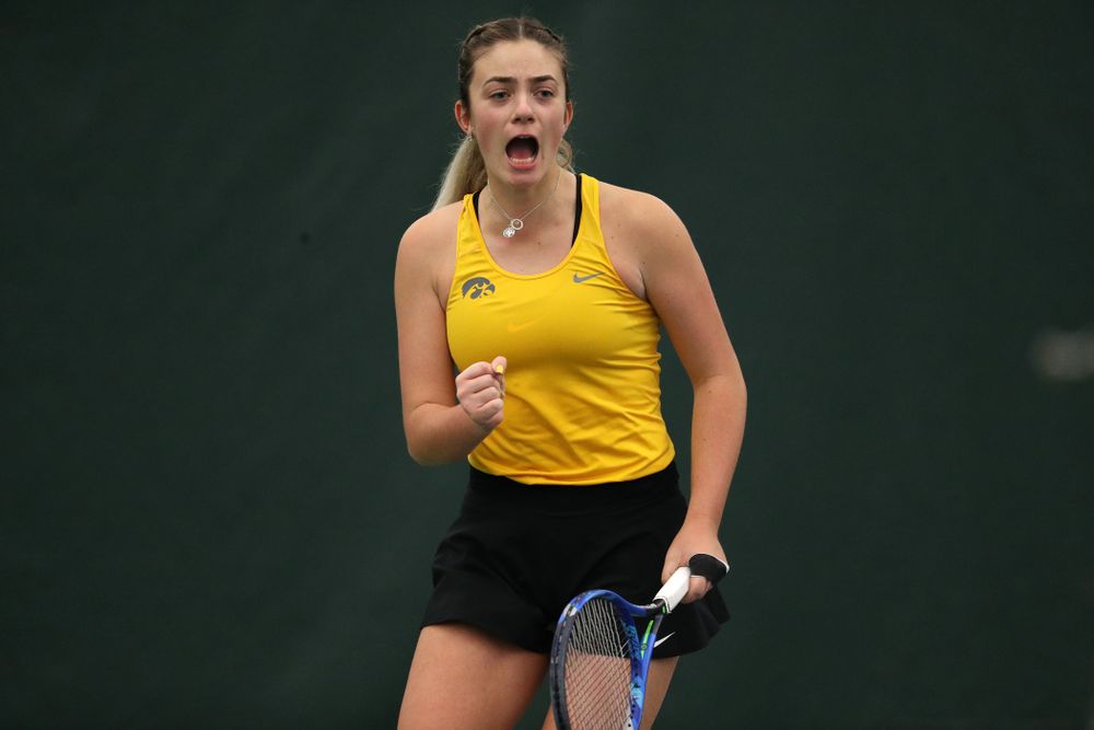 Iowa's Sophie Clark plays a doubles match against Xavier Friday, January 18, 2019 at the Hawkeye Tennis and Recreation Center. (Brian Ray/hawkeyesports.com)