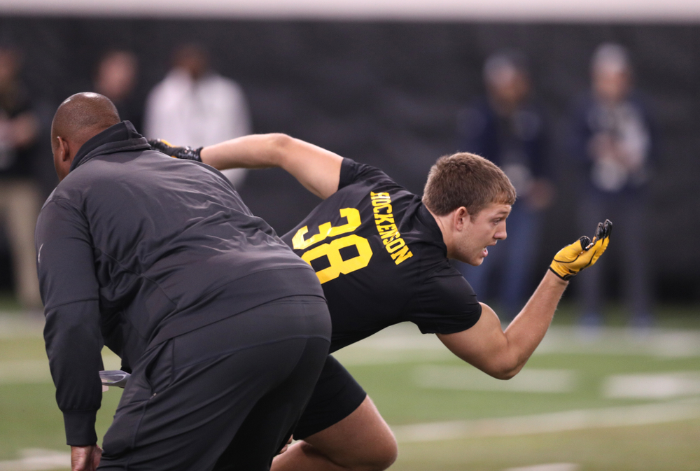 Iowa Hawkeyes tight end T.J. Hockenson (38) during the teamÕs annual Pro Day Monday, March 25, 2019 at the Hansen Football Performance Center. (Brian Ray/hawkeyesports.com)