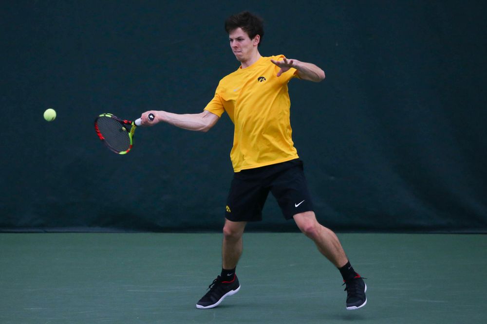Iowa's Joe Tyler at a tennis match vs Drake Friday, March 8, 2019 at the Hawkeye Tennis and Recreation Complex. (Lily Smith/hawkeyesports.com)