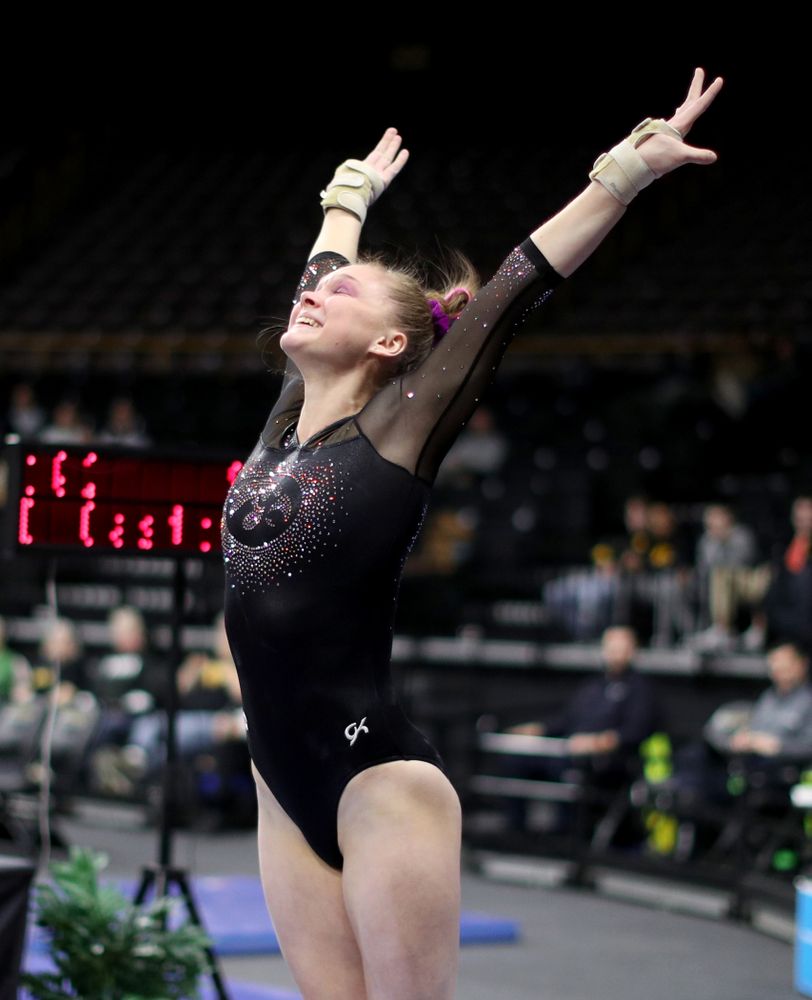 Iowa’s Allyson Steffensmeier competes on the vault against Michigan Friday, February 14, 2020 at Carver-Hawkeye Arena. (Brian Ray/hawkeyesports.com)