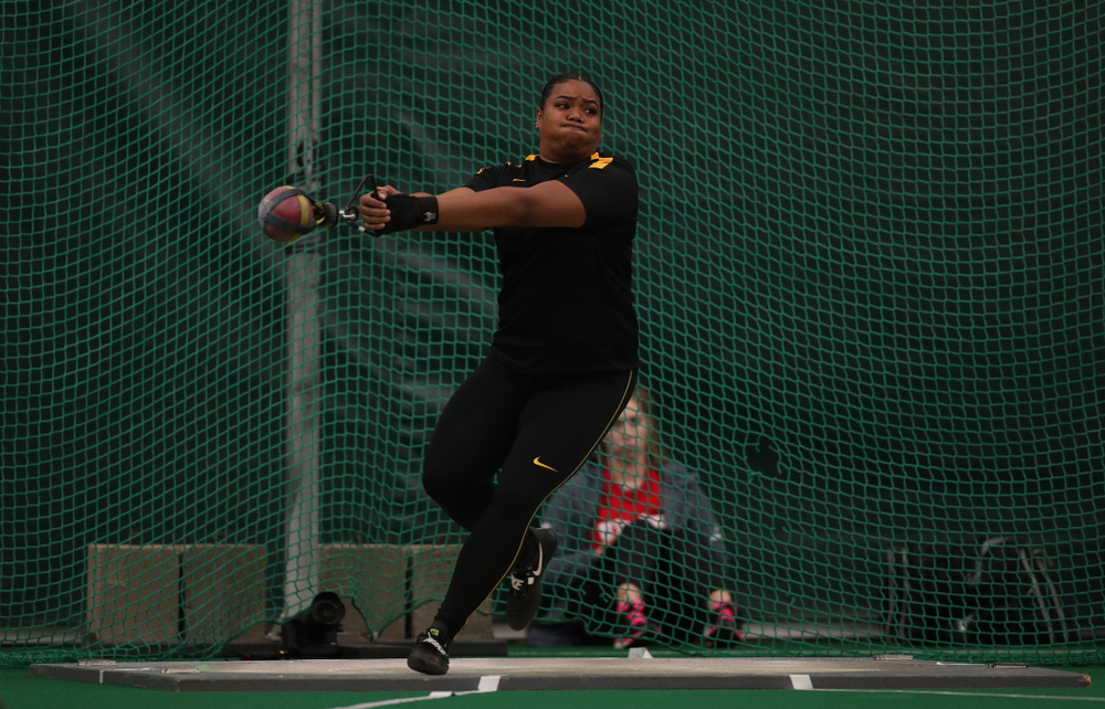 Iowa's Laulauga Tausaga sets a school record in the weight throw Friday, January 11, 2019 at the Hawkeye Tennis and Recreation Center. Tausaga set the new mark with a throw of 20.67m, 67-9 3/4. (Brian Ray/hawkeyesports.com)