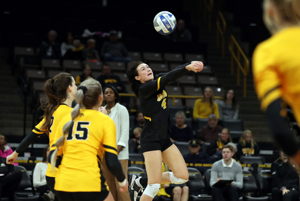 Iowa Hawkeyes defensive specialist Halle Johnston (4) against the Rutgers Scarlet Knights Saturday, November 2, 2019 at Carver-Hawkeye Arena. (Brian Ray/hawkeyesports.com)