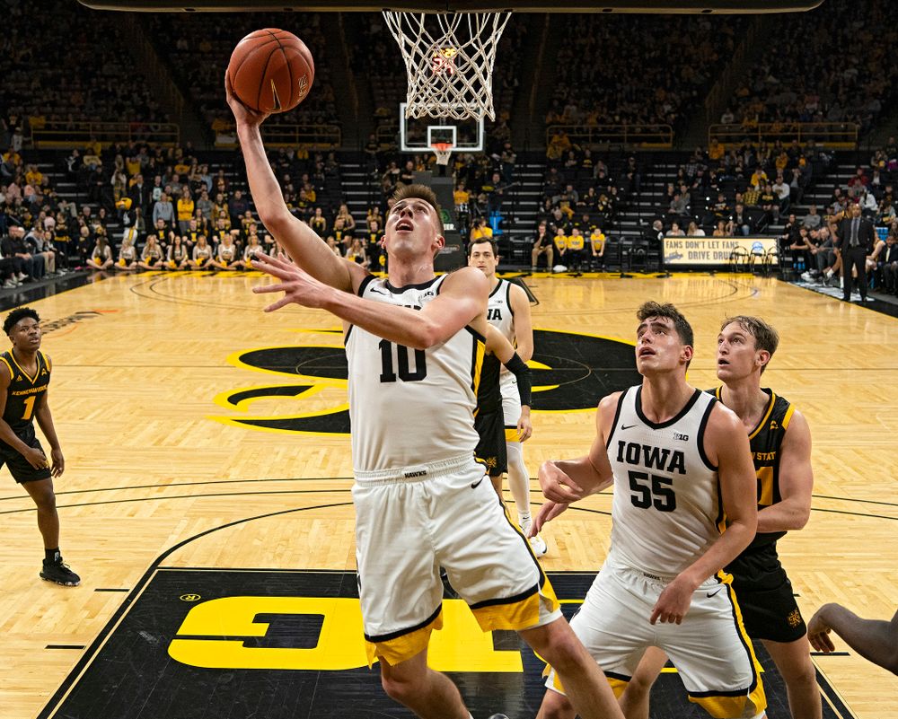 Iowa Hawkeyes guard Joe Wieskamp (10) makes a basket during the second half of their their game at Carver-Hawkeye Arena in Iowa City on Sunday, December 29, 2019. (Stephen Mally/hawkeyesports.com)