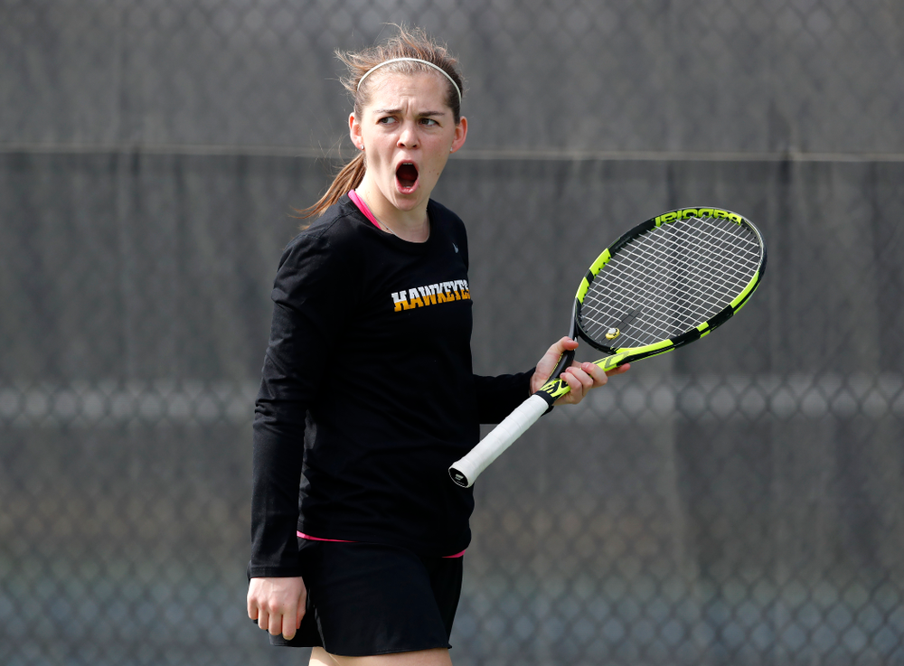 Zoe Douglas against Minnesota Friday, April 20, 2018 at the Hawkeye Tennis and Recreation Center. (Brian Ray/hawkeyesports.com)