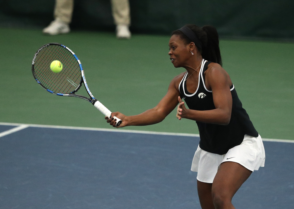 Iowa's Adorabol Huckleby during a doubles match against North Texas Sunday, January 20, 2019 at the Hawkeye Tennis and Recreation Center. (Brian Ray/hawkeyesports.com)
