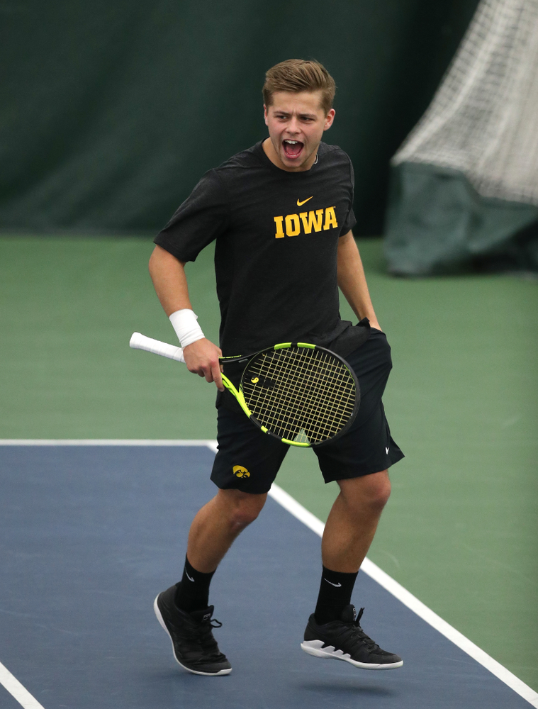 Will Davies and Oliver Okonkwo plays a doubles match against the Miami Hurricanes Friday, February 8, 2019 at the Hawkeye Tennis and Recreation Complex. (Brian Ray/hawkeyesports.com)