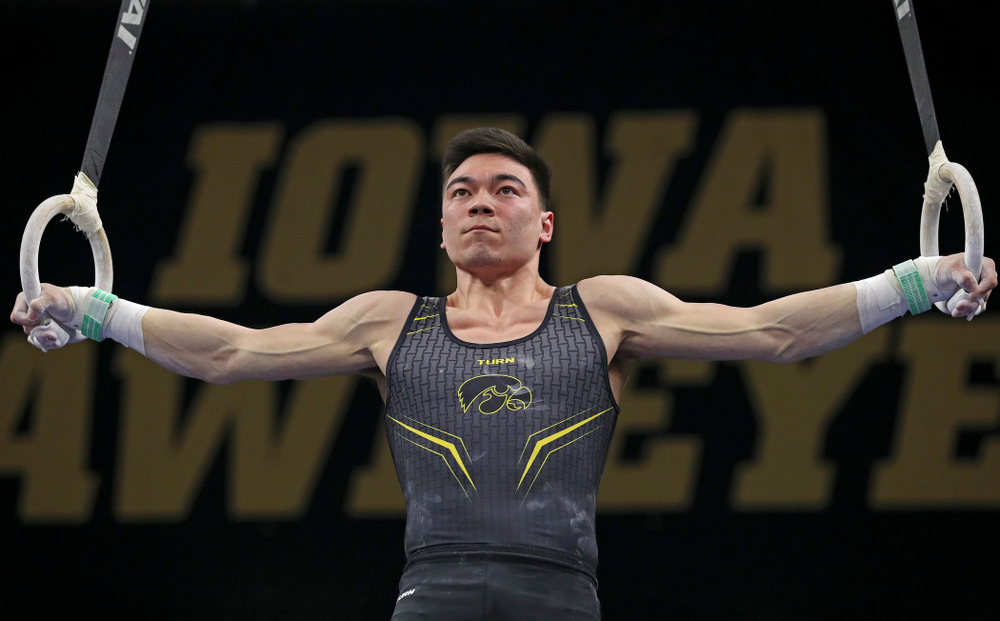Iowa's Brandon Wong competes in the rings during the first day of the Big Ten Men's Gymnastics Championships at Carver-Hawkeye Arena in Iowa City on Friday, Apr. 5, 2019. (Stephen Mally/hawkeyesports.com)