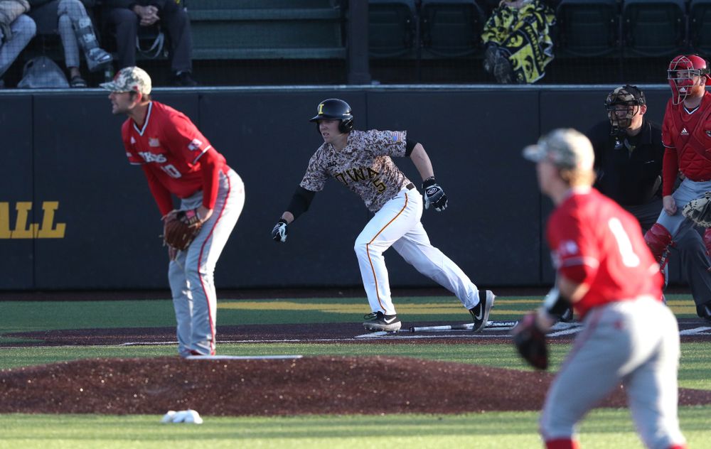 Iowa Hawkeyes Zeb Adreon (5) against the Nebraska Cornhuskers on Military Appreciation Night Friday, April 19, 2019 at Duane Banks Field. (Brian Ray/hawkeyesports.com)