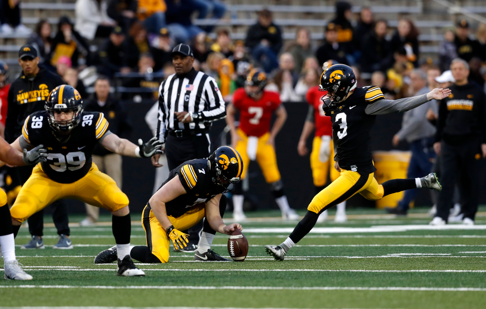 Iowa Hawkeyes place kicker Keith Duncan (3) and punter Colten Rastetter (7) during the final spring practice Friday, April 20, 2018 at Kinnick Stadium. (Brian Ray/hawkeyesports.com)