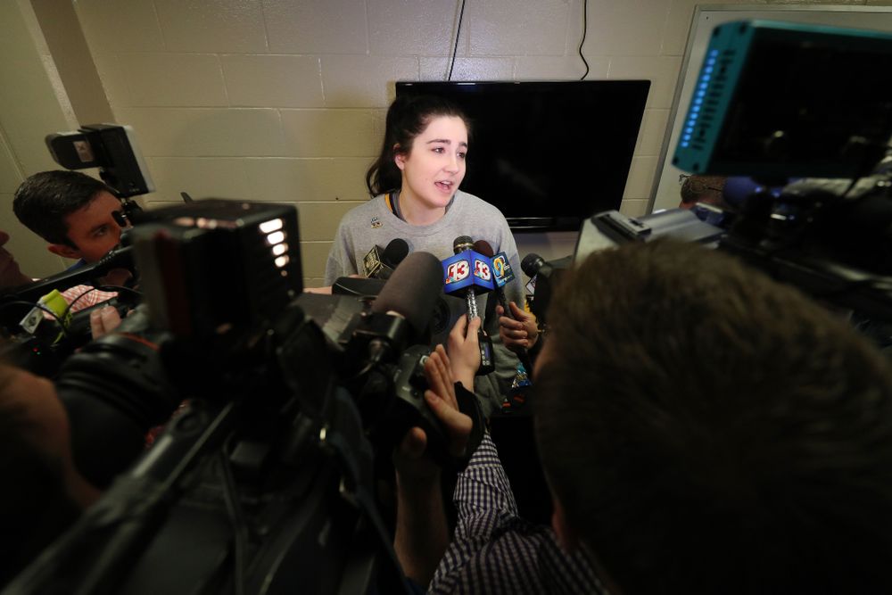 Iowa Hawkeyes forward Megan Gustafson (10) during media and practice as they prepare for their Sweet 16 matchup against NC State Friday, March 29, 2019 at the Greensboro Coliseum in Greensboro, NC.(Brian Ray/hawkeyesports.com)