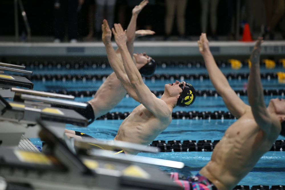 Iowa's Kenneth Mende swims the backstroke leg of the 200 medley relay at the 2019 Big Ten Swimming and Diving meet Wednesday, February 27, 2019 at the Campus Wellness and Recreation Center. (Lily Smith/hawkeyesports.com)