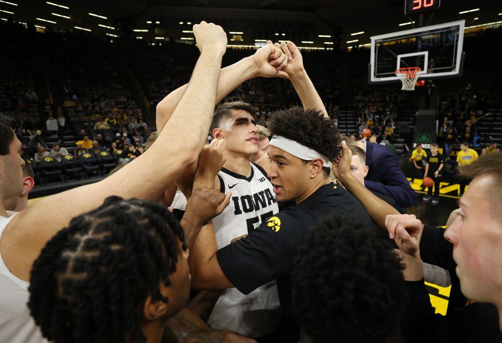 Iowa Hawkeyes forward Luka Garza (55) and forward Cordell Pemsl (35) against the Michigan Wolverines Friday, January 17, 2020 at Carver-Hawkeye Arena. (Brian Ray/hawkeyesports.com)