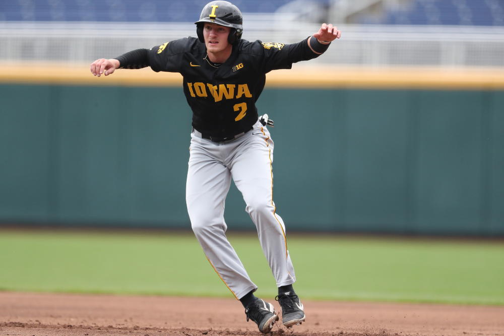 Iowa Hawkeyes infielder Brendan Sher (2) against the Nebraska Cornhuskers in the first round of the Big Ten Baseball Tournament Friday, May 24, 2019 at TD Ameritrade Park in Omaha, Neb. (Brian Ray/hawkeyesports.com)