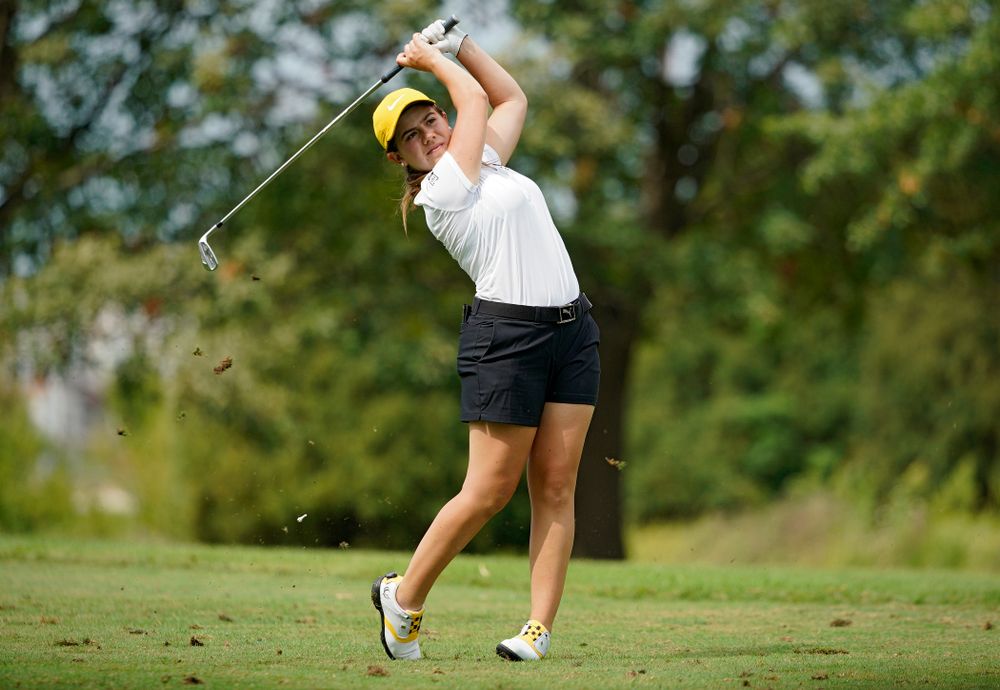 Iowa’s Manuela Lizarazu tees off during their dual against Northern Iowa at Pheasant Ridge Golf Course in Cedar Falls on Monday, Sep 2, 2019. (Stephen Mally/hawkeyesports.com)