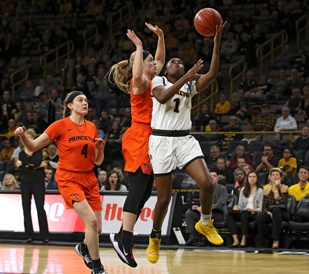 Iowa guard Tomi Taiwo (1) scores a basket during the third quarter of their overtime win against Princeton at Carver-Hawkeye Arena in Iowa City on Wednesday, Nov 20, 2019. (Stephen Mally/hawkeyesports.com)