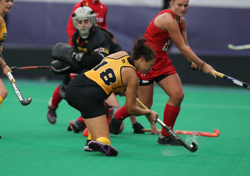 Iowa Hawkeyes Mya Christopher (18) against Maryland during the championship game of the Big Ten Tournament Sunday, November 4, 2018 at Lakeside Field in Evanston, Ill. (Brian Ray/hawkeyesports.com)