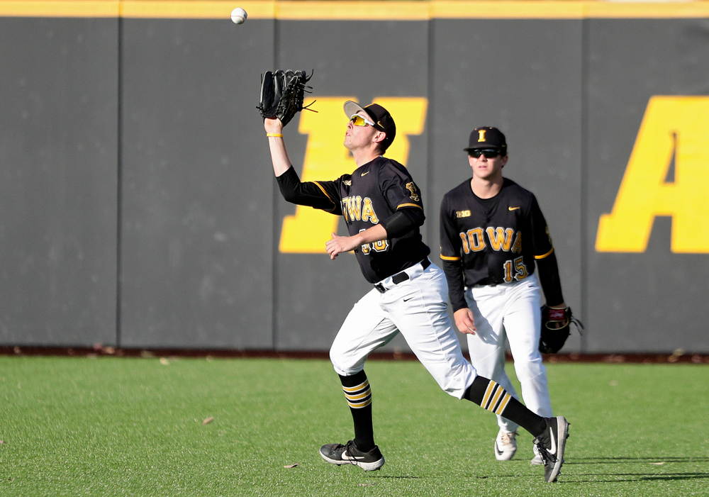 Iowa outfielder Trenton Wallace (38) pulls in a fly ball for an out during the fourth inning of the first game of the Black and Gold Fall World Series at Duane Banks Field in Iowa City on Tuesday, Oct 15, 2019. (Stephen Mally/hawkeyesports.com)
